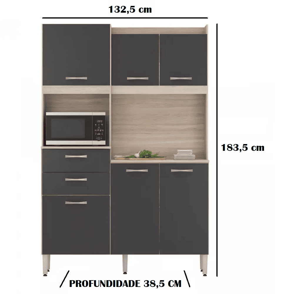 Arm&aacute;rio de Cozinha 6 Portas 2 Gavetas MDP Avena/Grafite Dem&oacute;bile Harmonia, Grafite, large image number 3